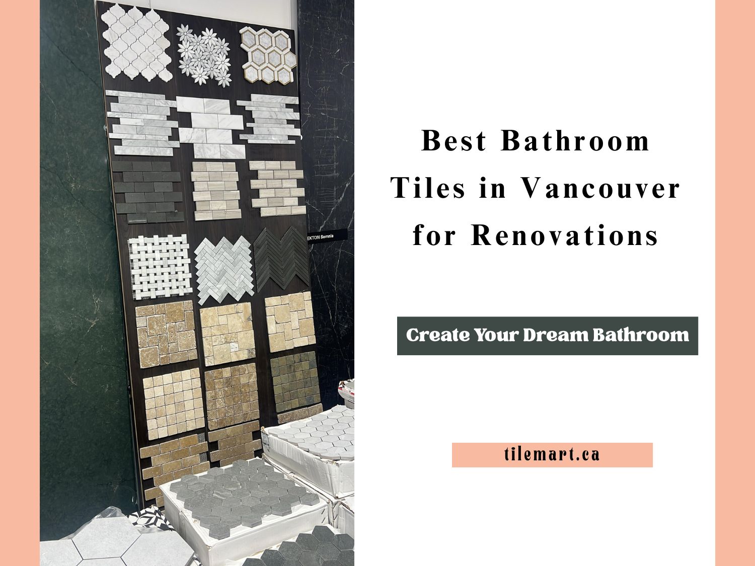 Rows of bathroom tiles on display at Vancouver TILEMART showroom