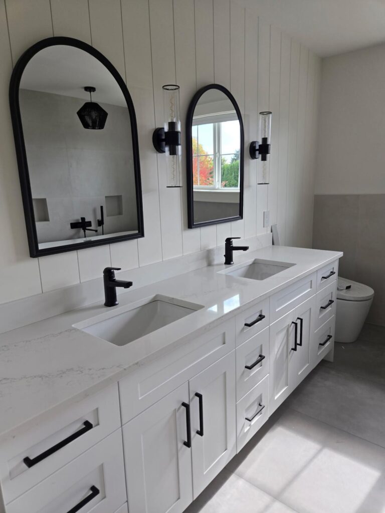 Modern bathroom vanity with Zero Bianca 24x48 tile background in White Rock project