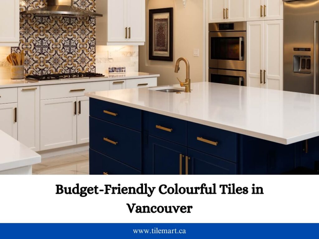 Tile showroom display featuring colourful and patterned kitchen and bathroom tiles in various shapes and finishes.