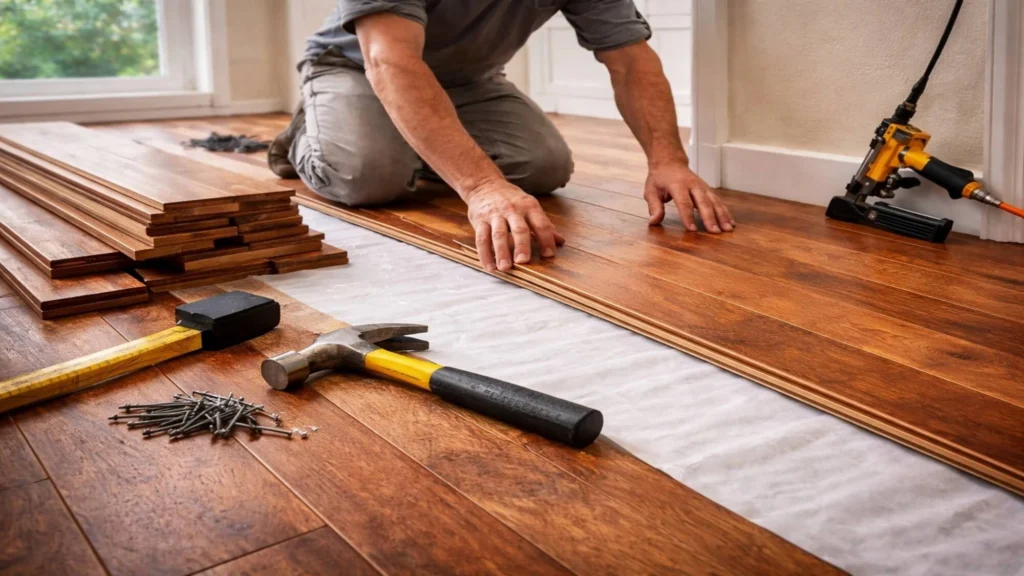 Professional installer laying hardwood flooring planks inside a residential home.