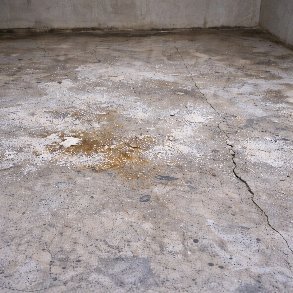 efflorescence on basement concrete slab showing moisture vapor movement