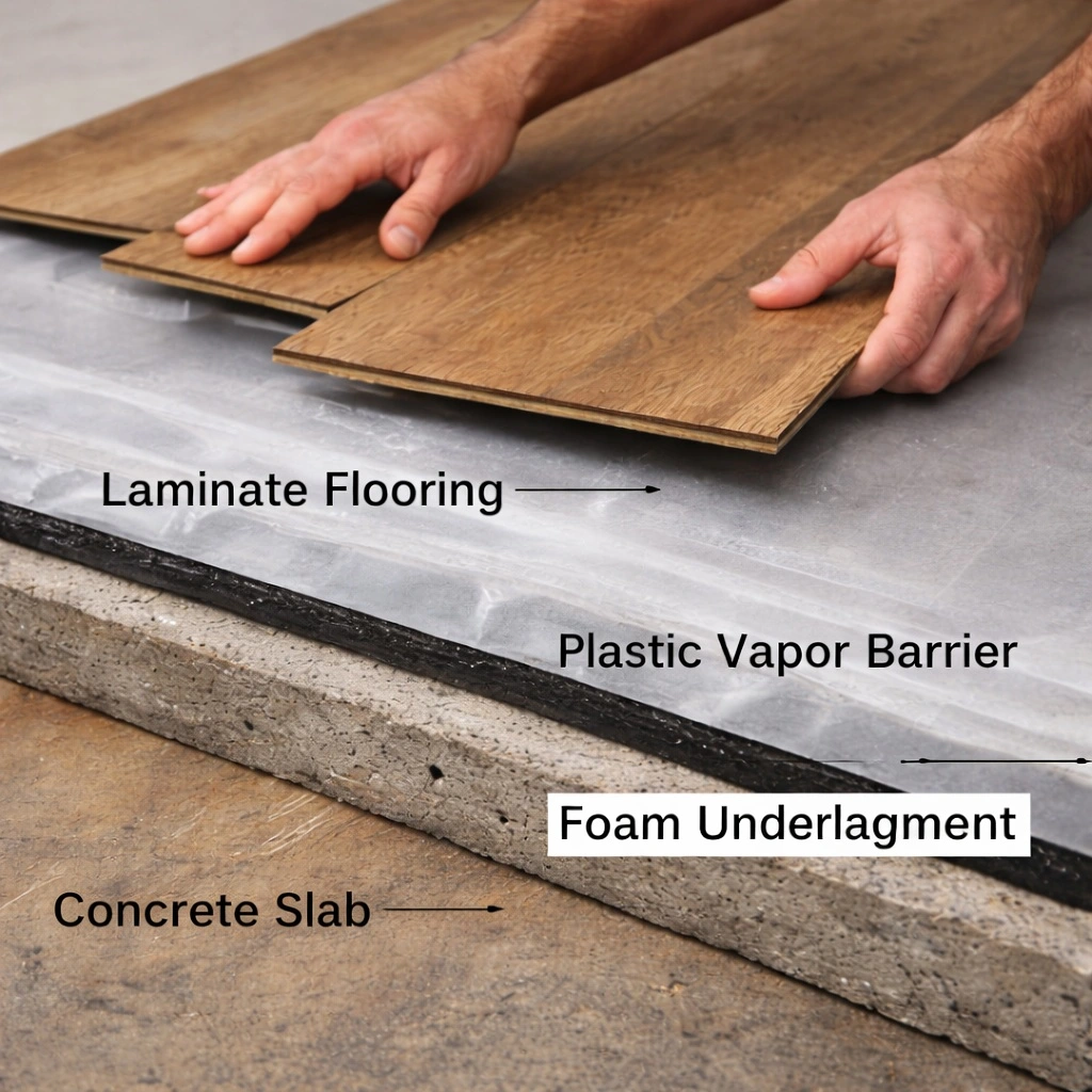 laminate flooring installation layers over concrete with vapor barrier and underlayment
