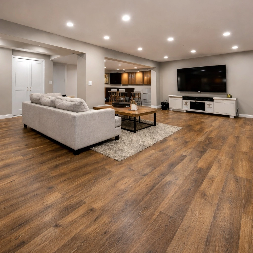 Vinyl plank flooring installed over basement concrete