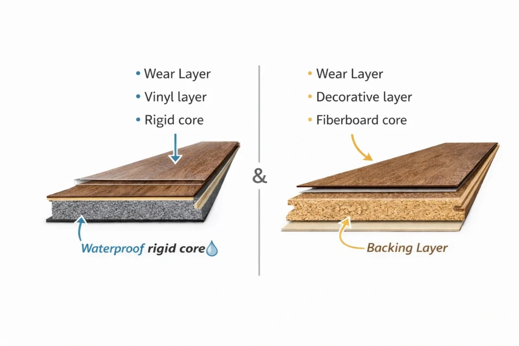 vinyl plank waterproof core compared with laminate fiberboard core