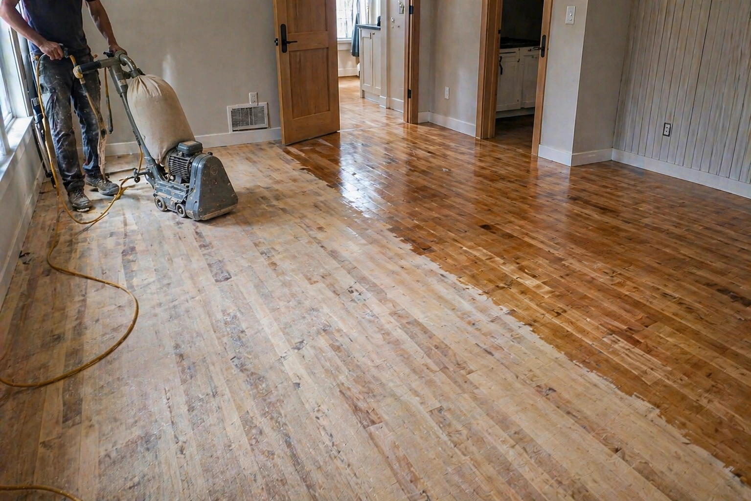 Hardwood floor refinishing process with contractor sanding wood flooring and showing before and after finish