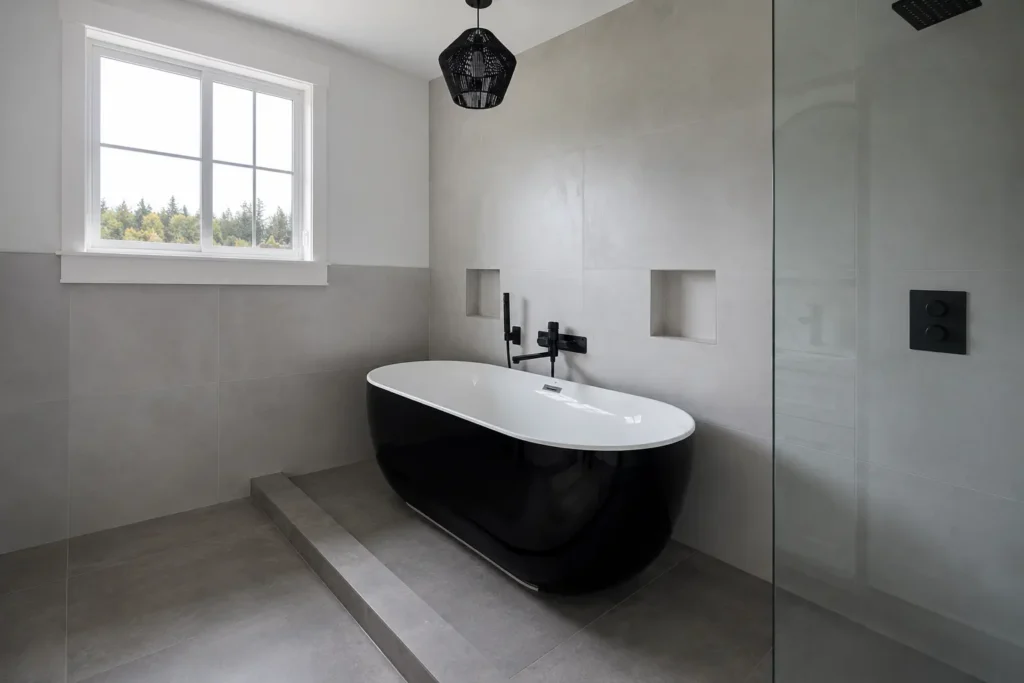 Modern bathroom renovation with large-format porcelain wall and floor tiles